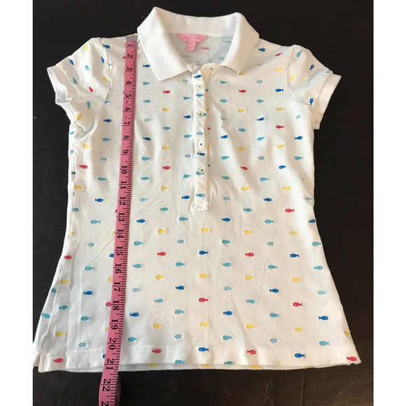 Lilly Pulitzer White Polo Shirt with Multi-Colored Embroidered Fish - Size EXSM - Picture 7 of 9